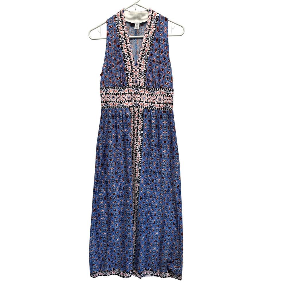 Wisp Petites Blue Medallion Print V-Neck Sleeveless Empire Waist Maxi Dress 4P